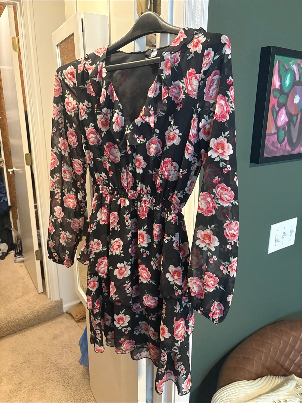 H&M Black Long-Sleeve Floral Ruffle Dress with Pink Roses